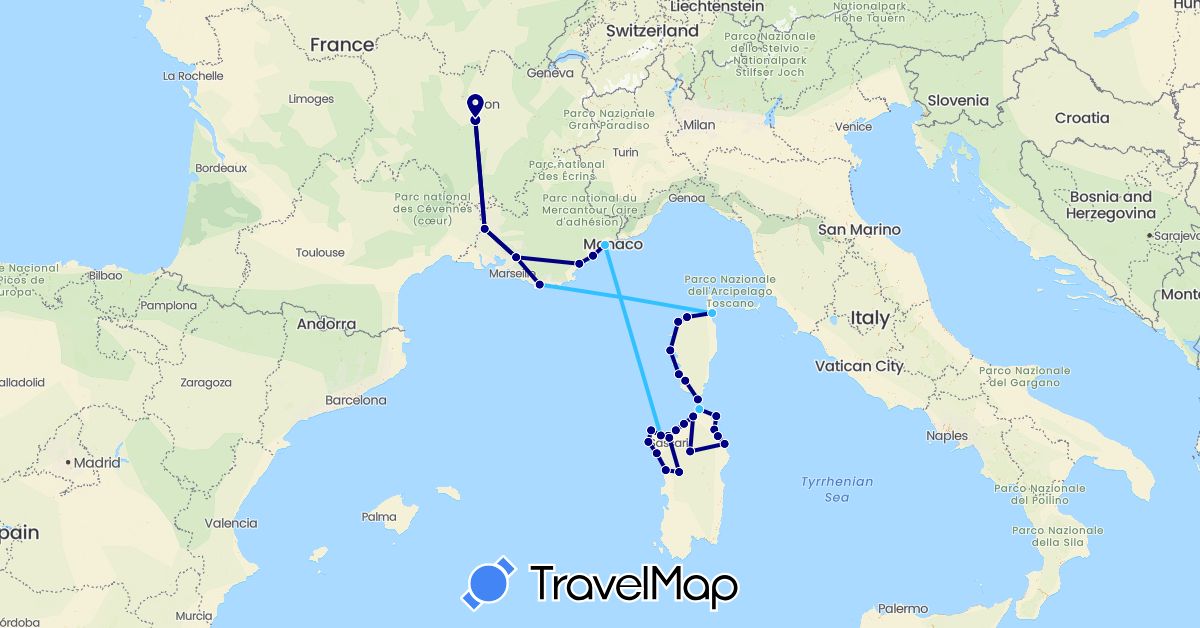 TravelMap itinerary: driving, boat in France, Italy (Europe)